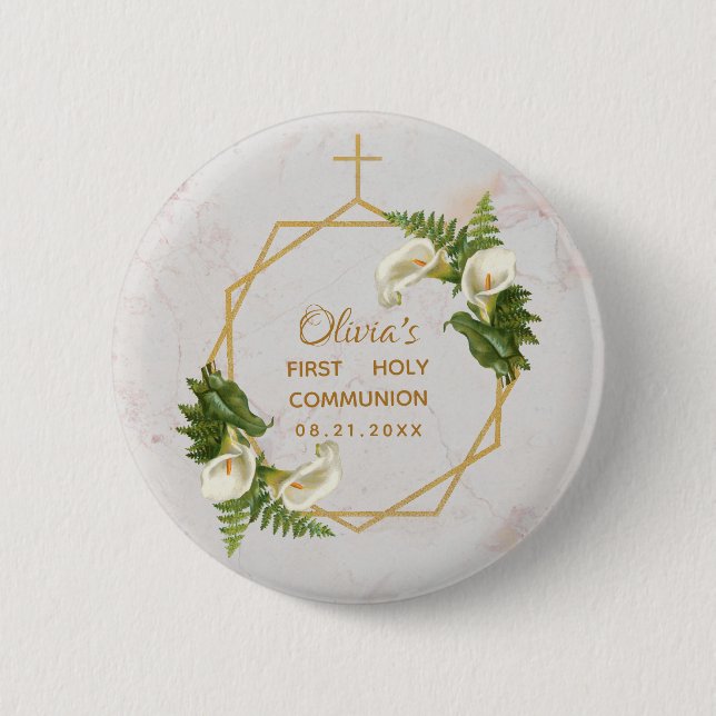 First Communion Floral Gold Marble Calla Lilies 6 Cm Round Badge (Front)