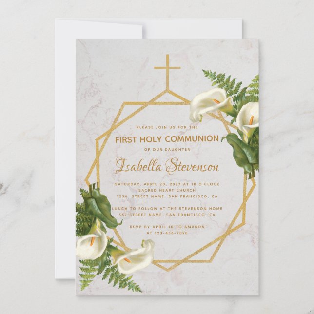 First Communion Floral Gold Marble Calla Lilies Invitation (Front)