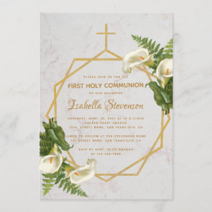 First Communion Floral Gold Marble Calla Lilies Invitation