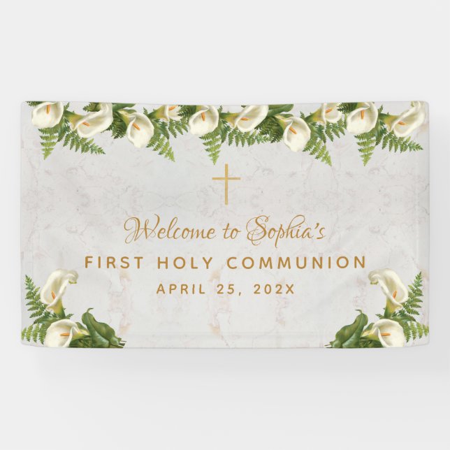 First Communion Floral Marble Calla Lilies Welcome Banner (Horizontal)