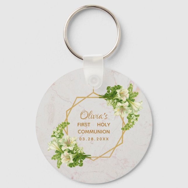 First Communion Floral Marble Gold White Lilies  Key Ring (Front)