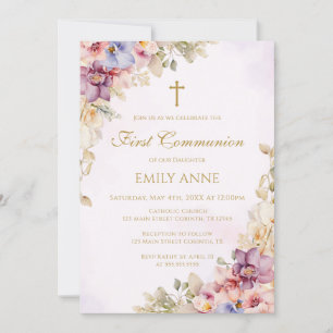 First Communion Floral Orchids Invitation