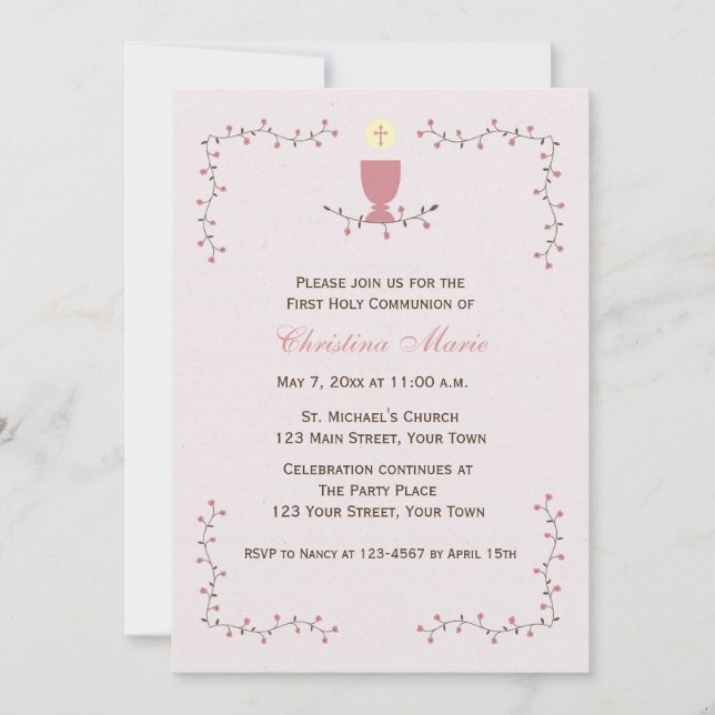 First Communion, Floral Vines with Pink Chalice Invitation (Front)
