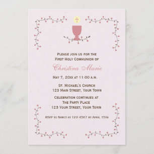 First Communion, Floral Vines with Pink Chalice Invitation