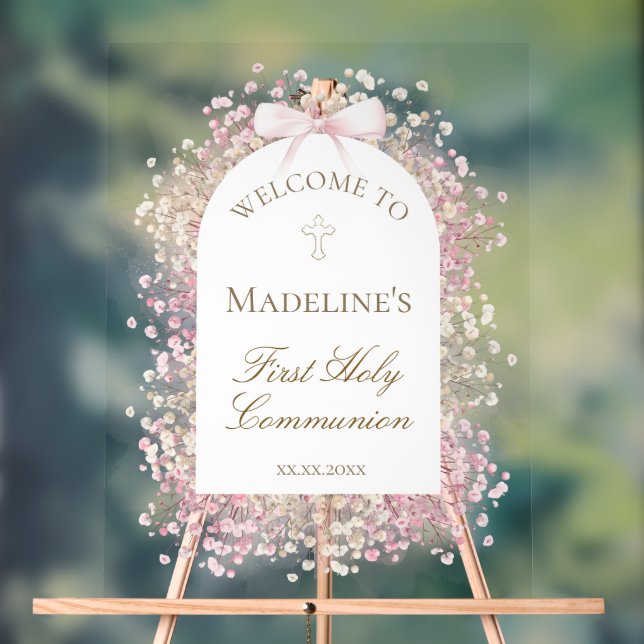 First Communion floral welcome Acrylic Sign (Neutral)
