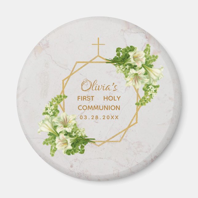 First Communion Floral White Lilies Marble Gold  Magnet (Front)