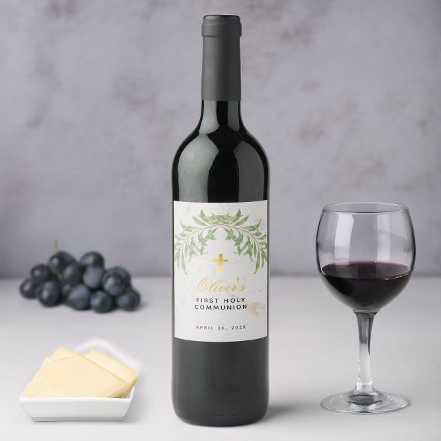 First Communion Foliage Faux Gold Cross Marble Wine Label (Creator Uploaded)