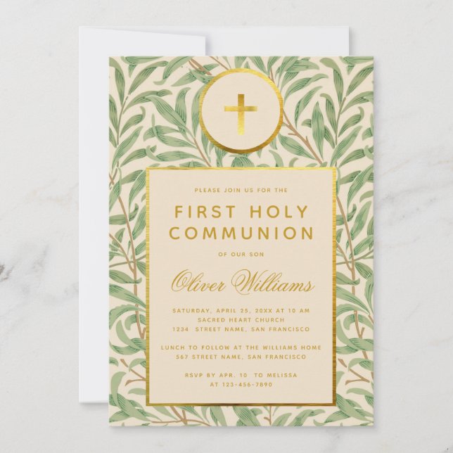 First Communion Foliage Faux Gold Gender Neutral Invitation (Front)