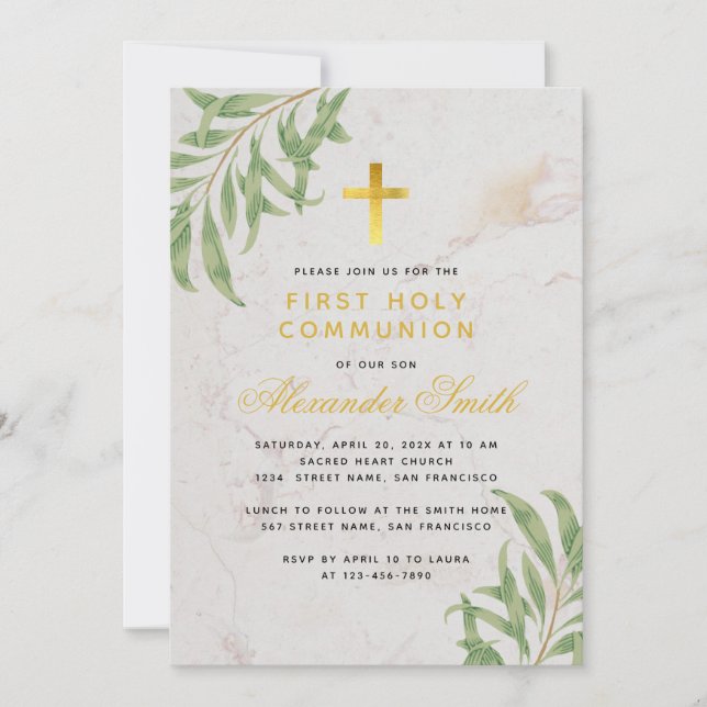 First Communion Foliage Gold Marble Willow Leaves  Invitation (Front)