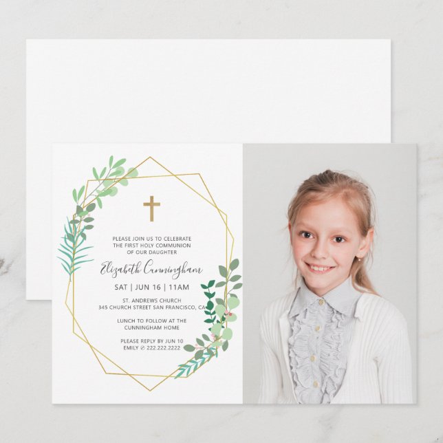 First Communion For Her Geometric Foliage Cross Invitation (Front/Back)