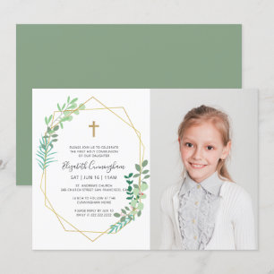 First Communion For Her Geometric Foliage Cross Invitation