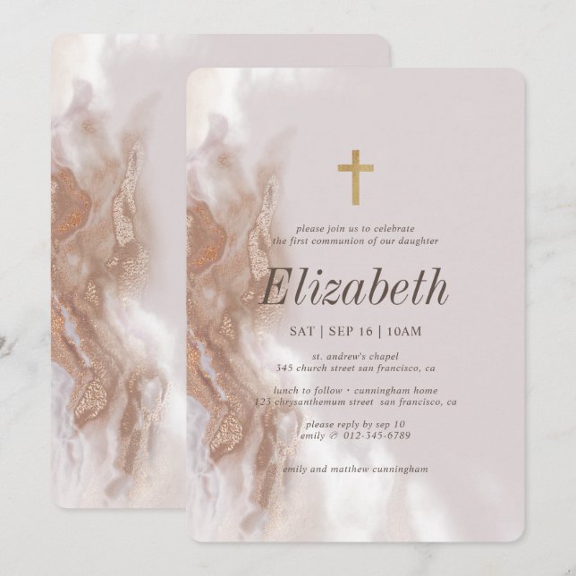 First Communion For Her Gold Watercolor Cross Invitation (Front/Back)
