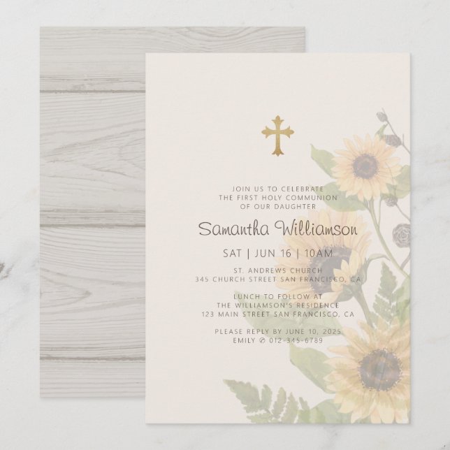 First Communion For Her Rustic Sunflower Floral Invitation (Front/Back)