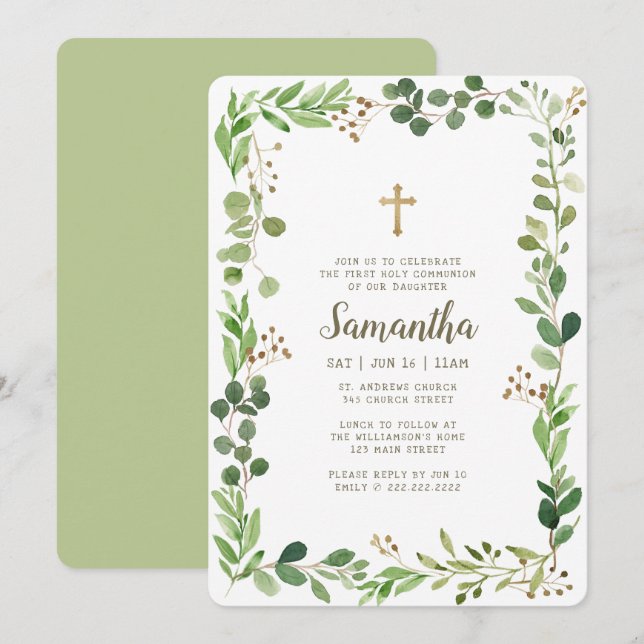 First Communion For Her Watercolor Foliage Cross Invitation (Front/Back)