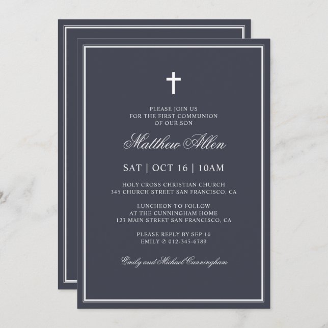 First Communion For Him | Elegant Classic Cross Invitation (Front/Back)