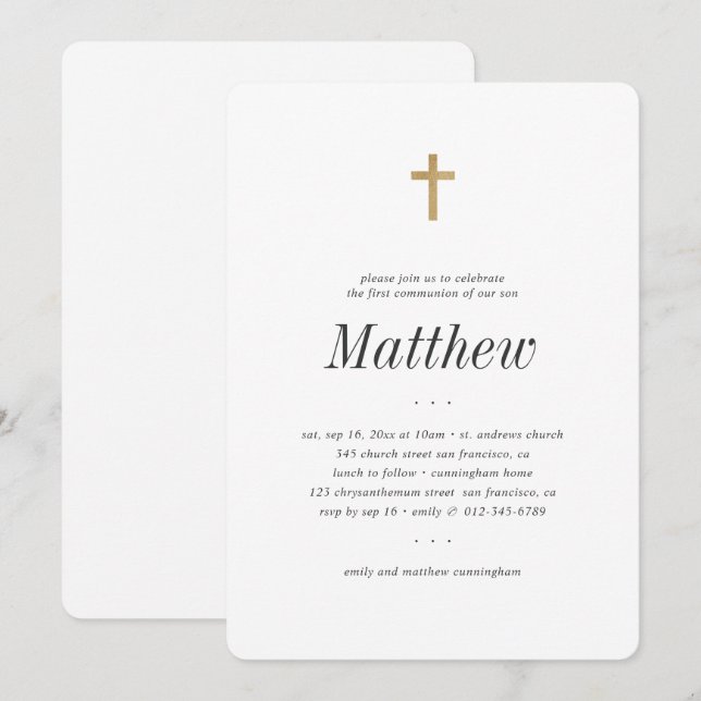 First Communion For Him Minimalist Faux Gold Cross Invitation (Front/Back)