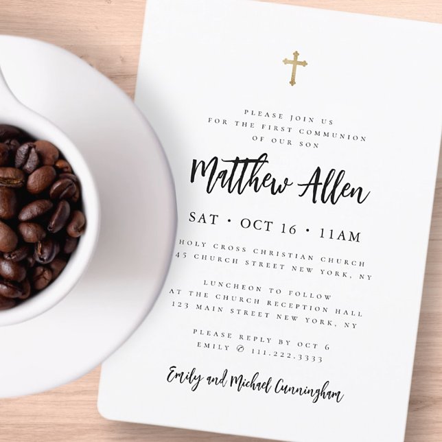 First Communion For Him Modern Minimalist Cross Invitation (Creator Uploaded)