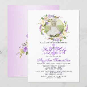 First Communion Girl Floral Purple Lavender PHOTO Invitation