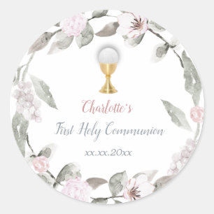 First Communion girl flowers wreath Classic Round Sticker