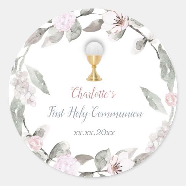 First Communion girl flowers wreath Classic Round Sticker (Front)