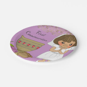 First Communion Girl in Purple Paper Plate