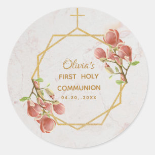First Communion Girl Marble Gold Pink Magnolia Classic Round Sticker