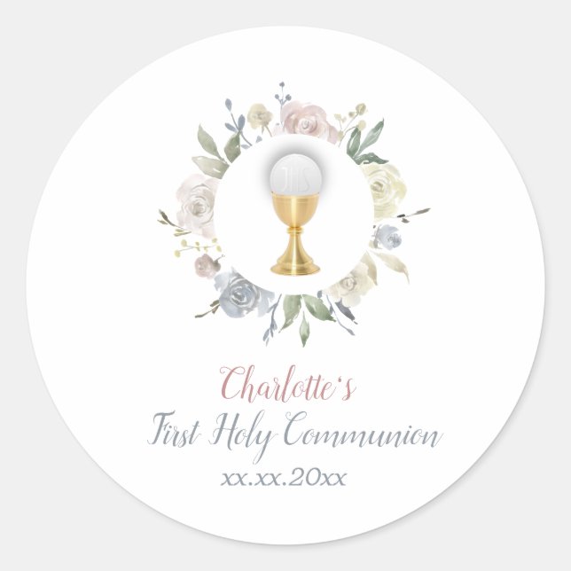 First Communion girl pale flowers circle Classic Round Sticker (Front)