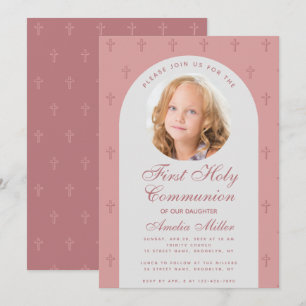 First Communion Girl Photo Dusty Rose Arch Modern Invitation