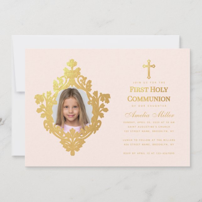 First Communion Girl Photo Elegant Blush Faux Gold Invitation (Front)