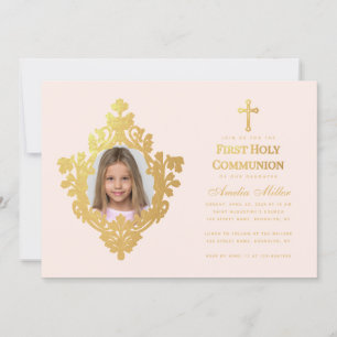 First Communion Girl Photo Elegant Blush Faux Gold Invitation