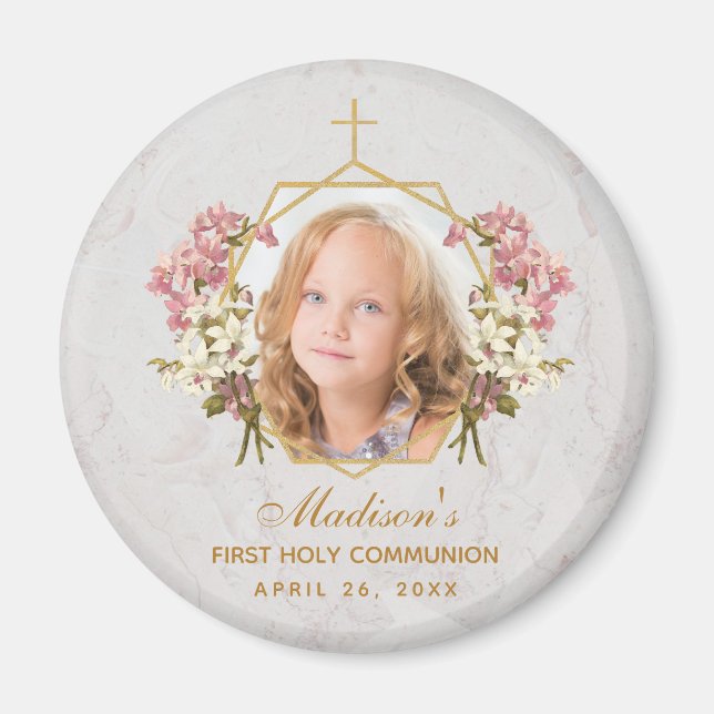 First Communion Girl Photo Floral Gold Pink Orchid Magnet (Front)
