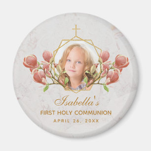 First Communion Girl Photo Floral Pink Magnolia  Magnet