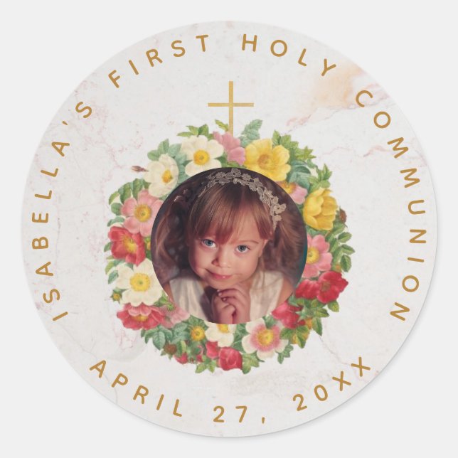 First Communion Girl Photo in Rose Wreath Marble Classic Round Sticker (Front)