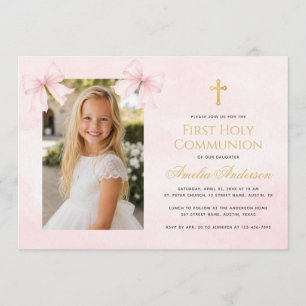 First Communion Girl Photo Pink Bows Gold Cross Invitation