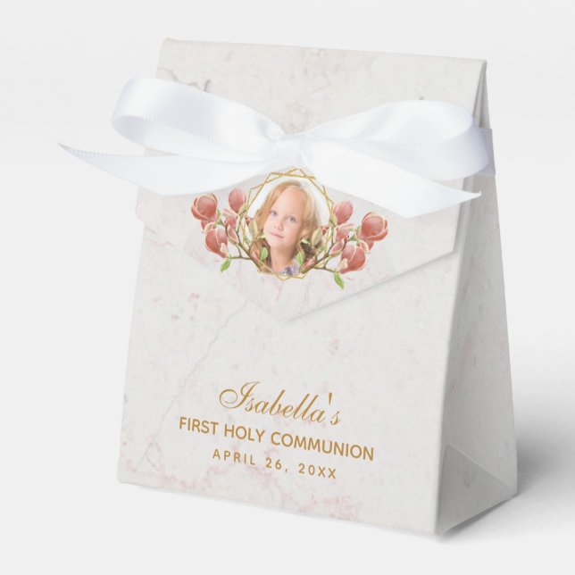 First Communion Girl Photo Pink Magnolia Marble Favour Box (Front Side)