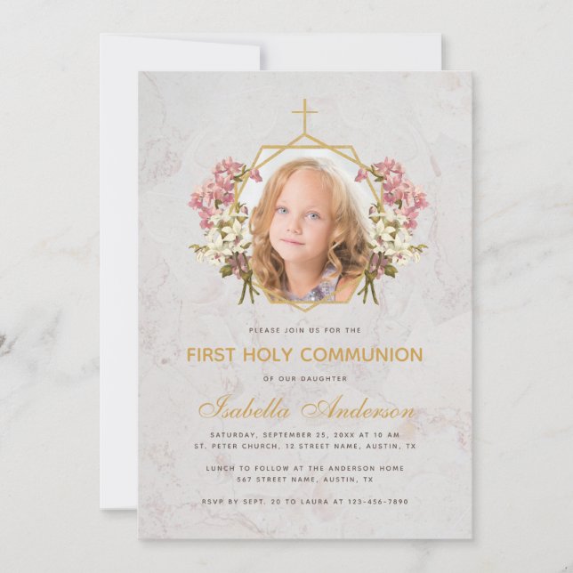 First Communion Girl Photo Pink Orchid Marble Gold Invitation (Front)