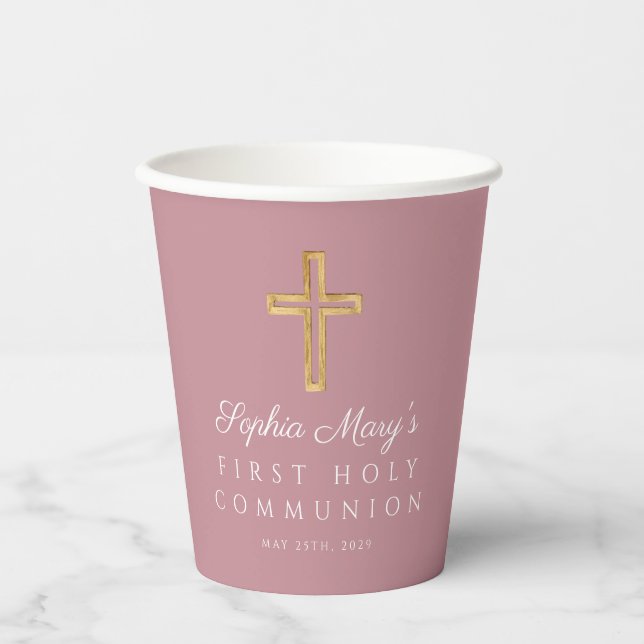 First Communion Girl Religious Cross Pink Paper Cups (Front)