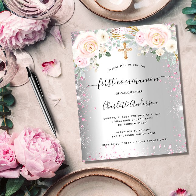 First communion girl silver pink floral invitation (Creator Uploaded)
