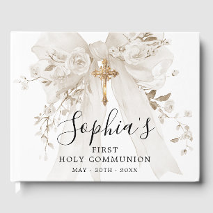 First Communion Girl White Bow Roses Custom Guest Book