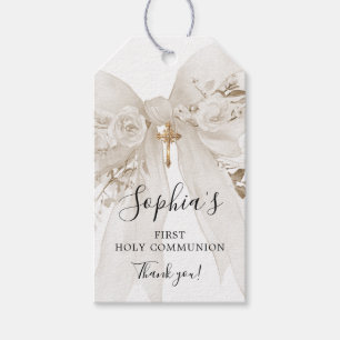 First Communion Girl White Bow Roses Thank You Gift Tags