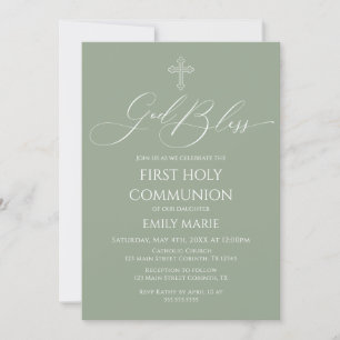 First Communion God Bless Sage Invitation