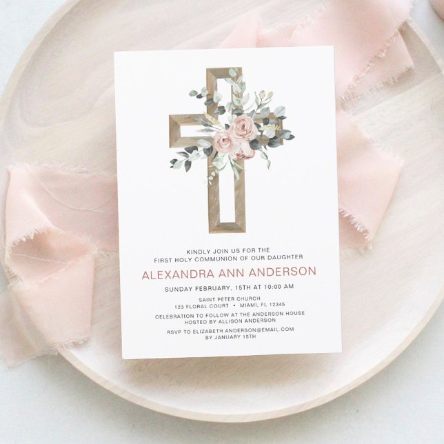 First Communion Gold Cross Blush Pink Floral  (Creator Uploaded)