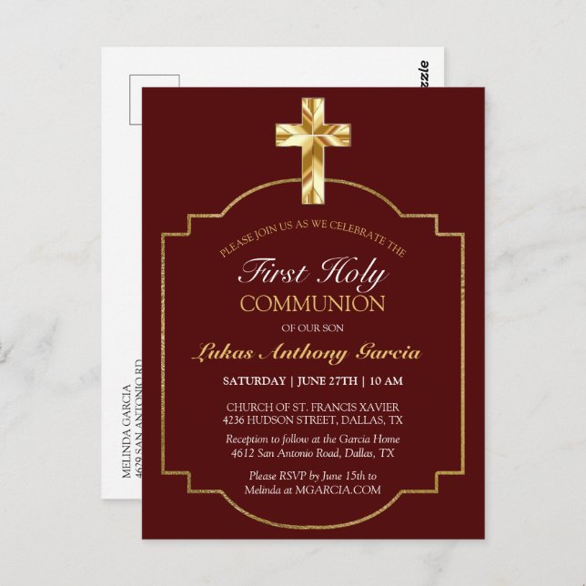 First Communion Gold Cross Burgundy Elegant Invita Postcard (Front/Back)