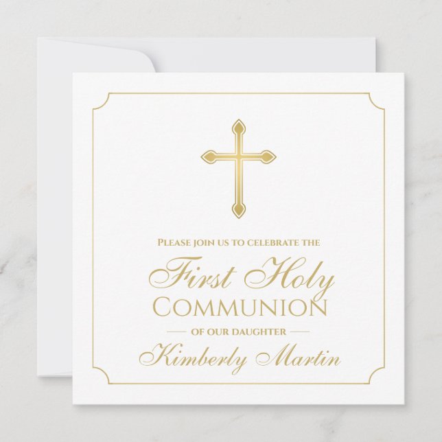 First Communion Gold Cross Girl Christian Invitation (Front)