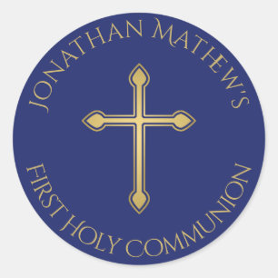 First Communion Gold Cross Monogrammed Name Blue Classic Round Sticker