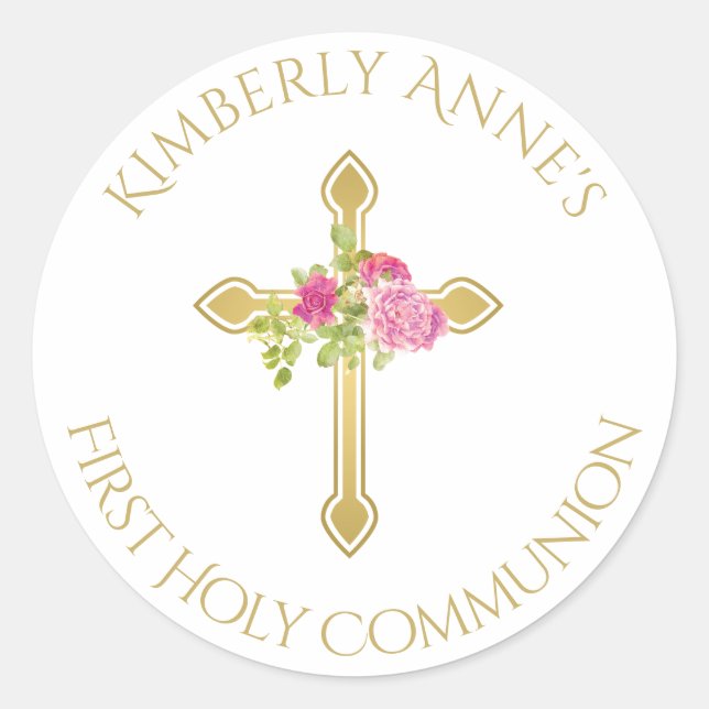 First Communion Gold Cross Pink Rose Monogrammed Classic Round Sticker (Front)