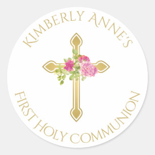 First Communion Gold Cross Pink Rose Monogrammed Classic Round Sticker
