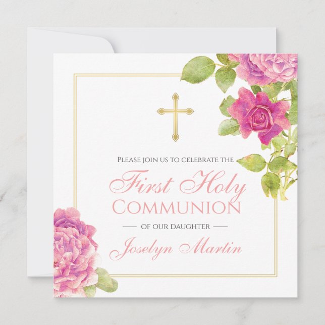 First Communion Gold Cross Pink Roses Floral Invitation (Front)