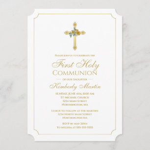 First Communion Gold Cross w/ Gold Roses Christian Invitation