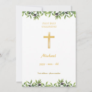 First Communion Gold Cross with Olive Branches Invitation